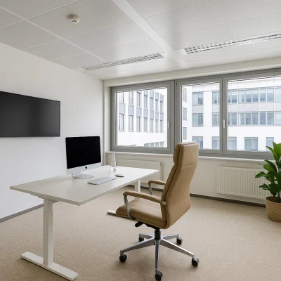 Visualisiertes Einzelbüro im Galluspark 21–25 Frankfurt mit ergonomischem Arbeitsplatz, moderner Möblierung und ruhiger Atmosphäre.