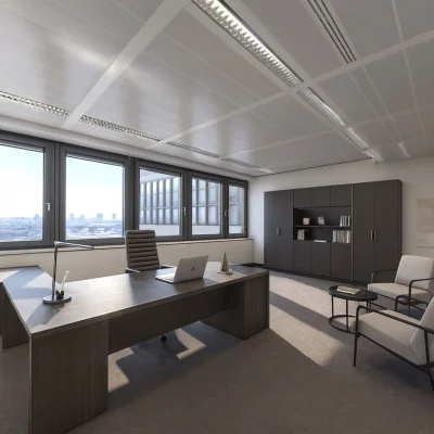 Visualisiertes Büro im Galluspark 21–25 Frankfurt mit hochwertigem Mobiliar, Arbeitsplatzlösung und klarer Raumgestaltung.