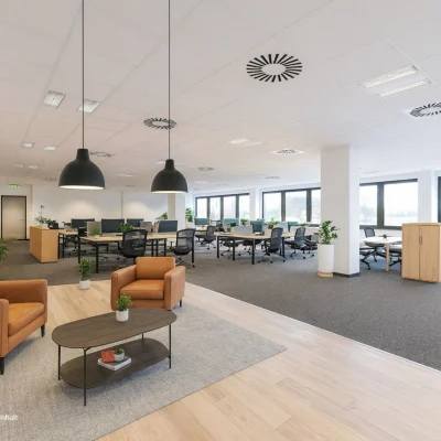 Visualisiertes Großraumbüro im Galluspark 21–25 Frankfurt mit offenen Arbeitsbereichen, Lounge-Zone und moderner Büroausstattung.