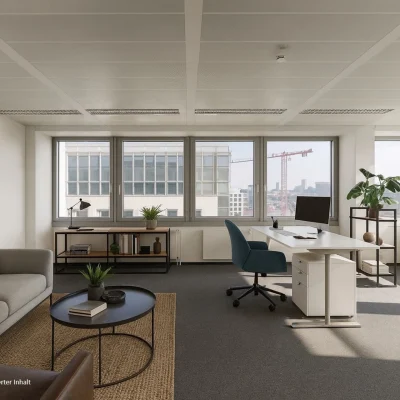 Visualisierte Bürofläche im Galluspark 21–25 Frankfurt mit großzügigem Arbeitsplatz, Stauraum und viel Tageslicht.