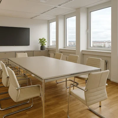 Visualisierung eines modernen Meetingraums mit Konferenztisch, mehreren Stühlen und zeitgemäßer Beleuchtung für Besprechungen.