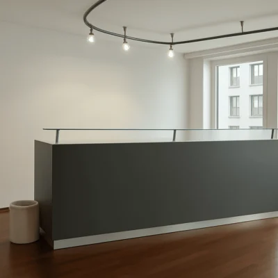 Visualisierter Empfangsbereich im Bürogebäude Nördlicher Zubringer in Düsseldorf mit klarer Gestaltung und einladendem Charakter.