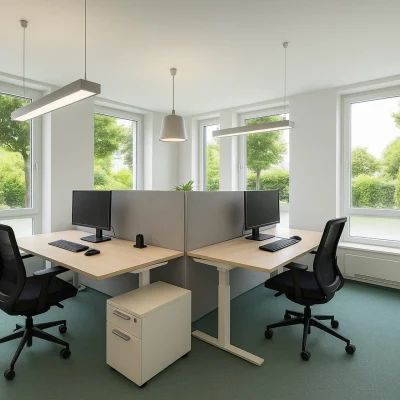 Visualisierung moderner Büroarbeitsplätze im Objekt Nördlicher Zubringer in Düsseldorf mit ergonomischer Möblierung und viel Tageslicht.