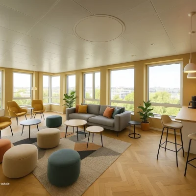 Heller Lounge- und Pausenbereich im Bürogebäude Nördlicher Zubringer in Düsseldorf mit Sitzmöbeln, großen Fensterflächen und wohnlicher Atmosphäre.
