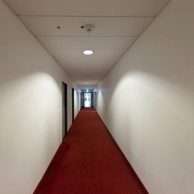 Langer Büroflur mit rotem Teppichboden, geschlossenen Bürotüren und gleichmäßiger Deckenbeleuchtung.