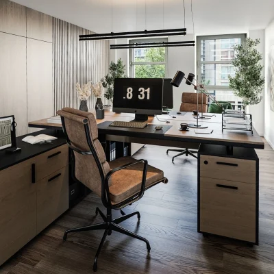 Visualisierung eines hochwertig gestalteten Büros im Uhlandeck in Berlin mit Designmöbeln, Holzfußboden und klarer Raumstruktur.