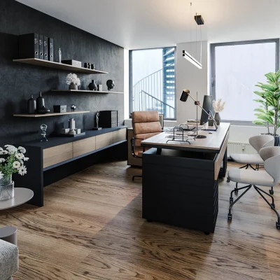 Visualisierung eines modern ausgestatteten Einzelbüros im Uhlandeck in Berlin mit hochwertigem Mobiliar und warmen Materialien.