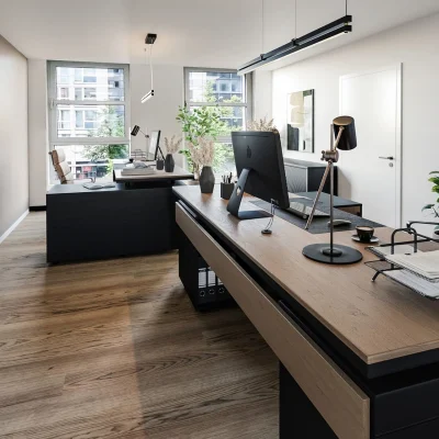 Visualisierung eines offenen Bürobereichs im Uhlandeck in Berlin mit mehreren Arbeitsplätzen, viel Tageslicht und moderner Ausstattung.