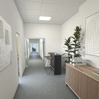 Moderner Büroflur im Alboinkontor Berlin mit heller Gestaltung und funktionaler Möblierung.