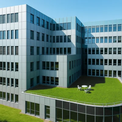 Bürogebäude in Nürnberg mit begrünter Dachterrasse und Sitzmöglichkeiten