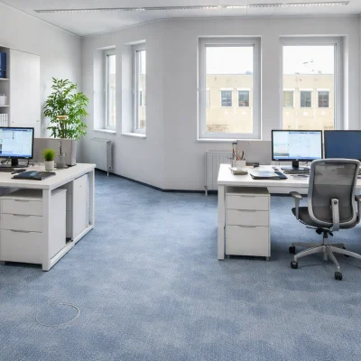 Doppelbüro mit zwei Schreibtischen, Aktenschränken und blauem Teppich