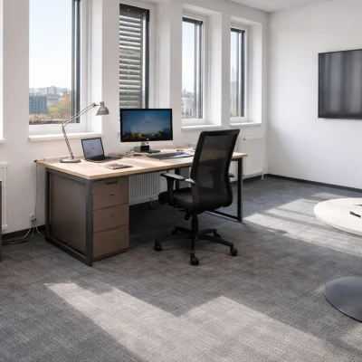 Einzelbüro mit Schreibtisch, Wandbildschirm für Präsentationen und kleiner Sitzecke