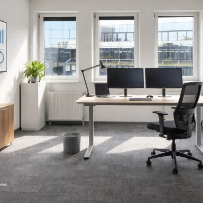 Einzelbüro mit höhenverstellbarem Schreibtisch, zwei Monitoren und Wandbildschirm