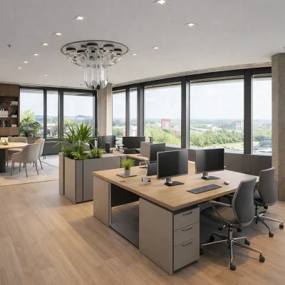 KI-generierte Visualisierung: Chefbüro mit Konferenzecke, Holzvertäfelung und Panoramafenstern