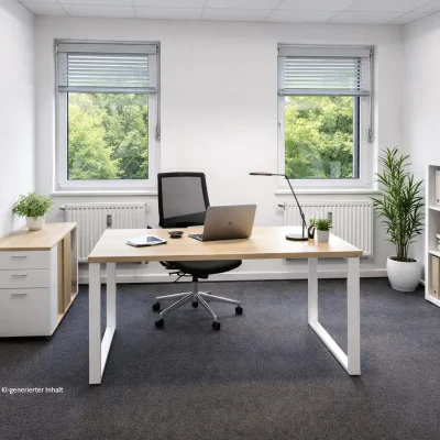 Einzelbüro mit Schreibtisch, Aktenregal und Blick ins Grüne