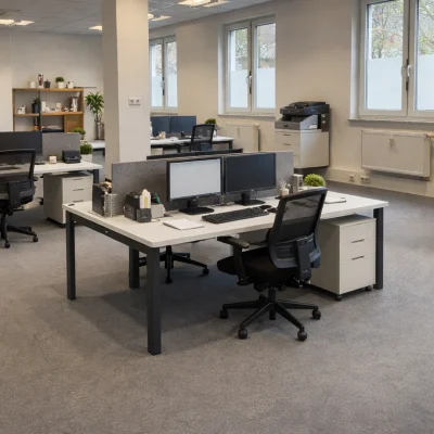 Großraumbüro mit Arbeitsplätzen, Sofa-Lounge und Drucker
