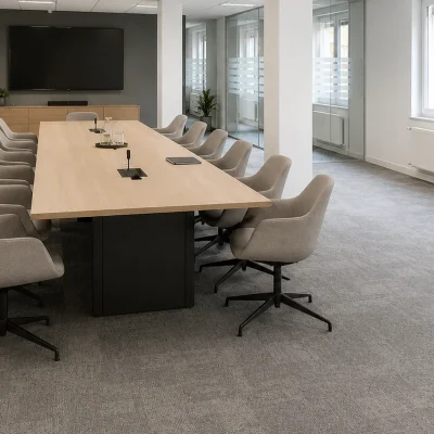 Besprechungsraum mit langem Konferenztisch, Polsterstühlen und Wandbildschirm