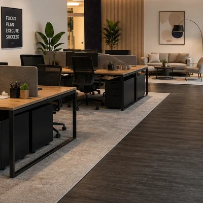 Bürobereich im Erdgeschoss mit Arbeitsplätzen, Loungeecke und direktem Straßenzugang