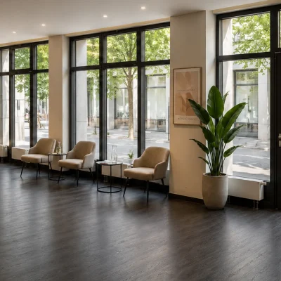 Empfangsbereich im Erdgeschoss mit Loungesesseln und großer Fensterfront zur Straße