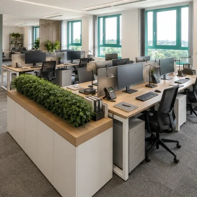 Modernes Büro mit Schreibtischen, grüner Akzentwand und runder Sitzecke