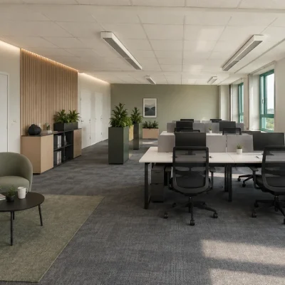 Bürobereich mit Sitzecke, Sesseln und Arbeitsplätzen im Hintergrund