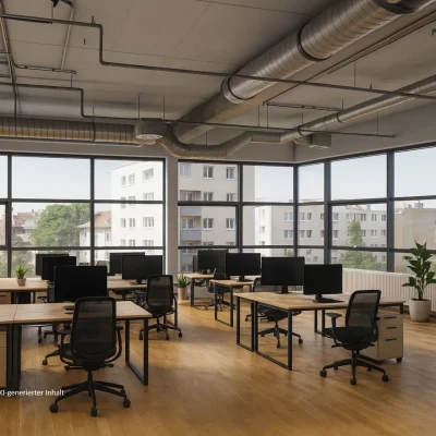 Modern eingerichtetes Büro mit großzügigen Fensterflächen, hochwertigem Mobiliar und Blick über Offenbach am Main.