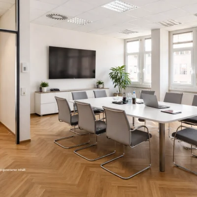 Moderner Besprechungsraum mit großem Konferenztisch, Bildschirm und großzügigen Fensterflächen in der Bismarckallee 2 in Freiburg.
