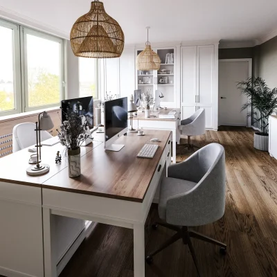 Visualisierung eines Büros mit Holzschreibtischen, Einbauschränken und Rattanleuchten