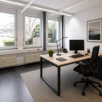 Visualisierung eines Büros mit Schreibtisch, Sideboard und Blick ins Grüne