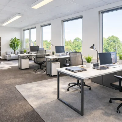 Visualisierung eines möblierten Büros mit Arbeitsplätzen, Regal und Loungebereich