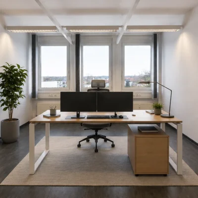Visualisierung eines Einzelbüros mit Doppelmonitor, Regalwand und Fensterfront