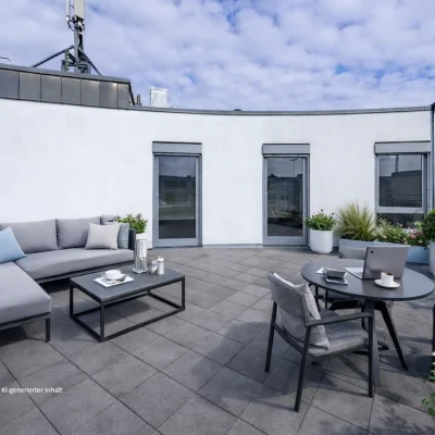 Dachterrasse mit Loungemöbeln, Sitzgruppe und blühenden Pflanzen