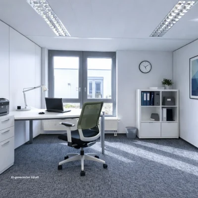 Helles Einzelbüro mit Schreibtisch, grünem Bürostuhl und Aktenschrank