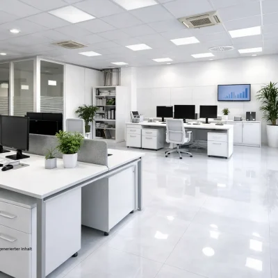 Modernes Büro mit Schreibtischen, Monitoren und Pflanzen auf Fliesenboden