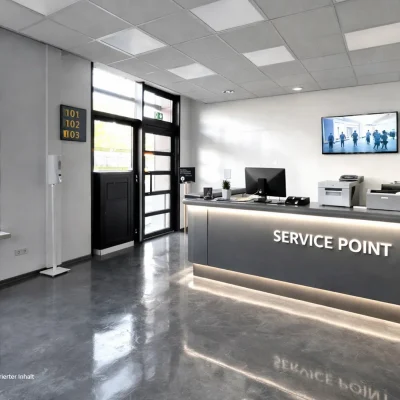 Empfangsbereich mit Service-Point-Theke, Bildschirm und Drucker