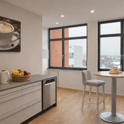 KI-Visualisierung: Moderne Office-Coffee-Lounge mit Stehtisch und Barhockern