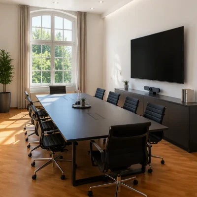 Visualisierung eines Konferenzraums mit langem Tisch, Bildschirm und Rundbogenfenster