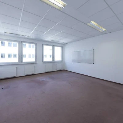 Leeres Büro mit rotbraunem Teppichboden, Fenstern und Whiteboard