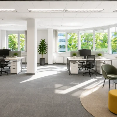 Modernes Büro mit Schreibtischen, bunten Bildern und Sitzecke