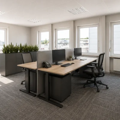 Modernes Büro mit Schreibtischen, Bildschirmen und Pflanzen am Fenster