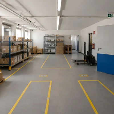 Lagerhalle mit Regalsystemen, Kartons und Hubwagen sowie gelber Bodenmarkierung