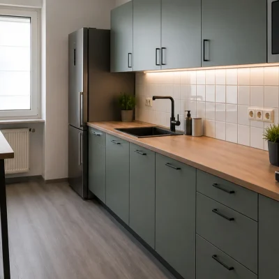 Moderne Teeküche mit dunkelgrünen Schränken, Kühlschrank und Kaffeevollautomat