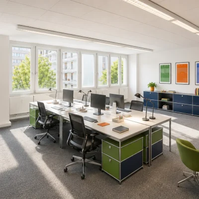 Büro mit vier Arbeitsplätzen, farbigen Sideboards und Sitzecke, Sibille-Hartmann-Straße 2-8 Köln