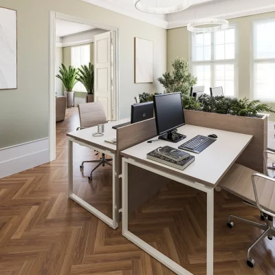 Büroraum im Altbau mit Doppelarbeitsplatz, Parkettboden, Olivenbäumen und Durchgang zum Nachbarraum