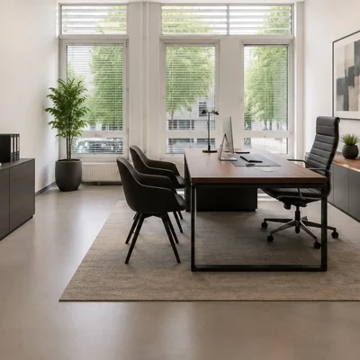 Einzelbüro mit Holzschreibtisch, Ledersessel, Sideboard und Fensterfront mit Jalousien (KI-Visualisierung)