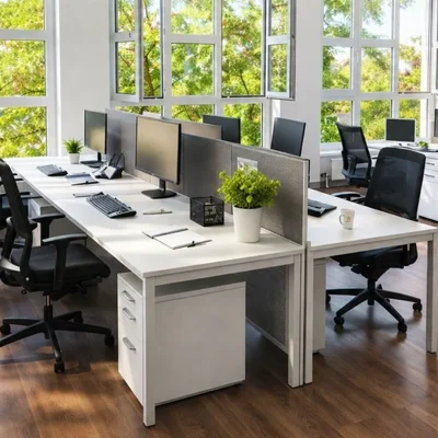 Open-Space-Büro mit weißen Schreibtischen, Bürostühlen und großen Fenstern mit Blick ins Grüne (KI-Visualisierung)