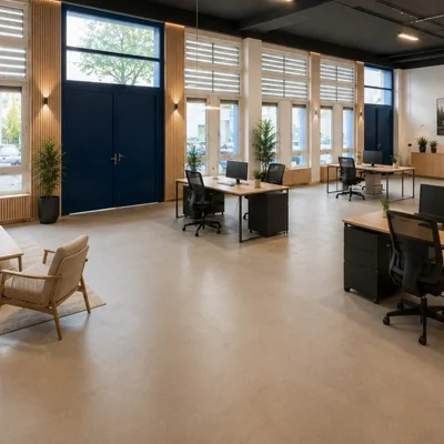 Loftartiges Büro mit Holzlamellen, Sitzecke und Arbeitsplätzen an hohen Fenstern (KI-Visualisierung)