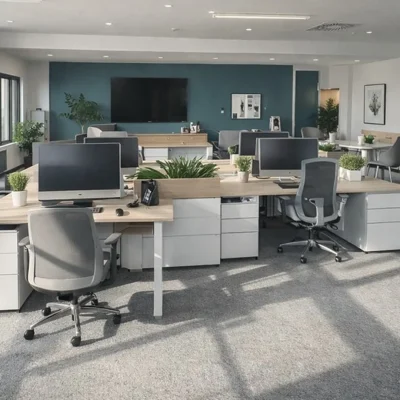 Großes Open-Space-Büro mit Arbeitsplatzgruppen, Pflanzen, petrolfarbener Wand und Wandbildschirm (KI-Visualisierung)