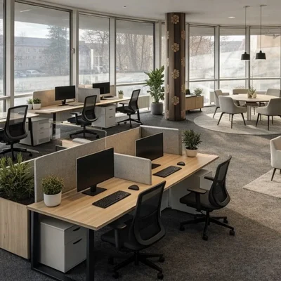 Open-Space-Büro mit Arbeitsplätzen, Sitzgruppe und runder Fensterfront (KI-Visualisierung)