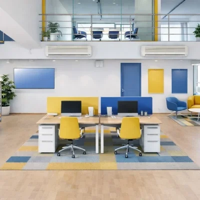 Farbenfrohes Büro mit gelben Stühlen, Wendeltreppen, Galerie und Sitzecke in Blau und Gelb (KI-Visualisierung)
